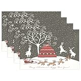 thunanaプレースマット、クリスマストナカイウサギ雪パターンディナーマット、耐熱、crinkle-proofプレースマット set of 4