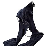 [モノジー] MONOZY 子供 用 ニット帽 マフラー リブ ニット フードマフラー ボンボン ニットキャップ 防寒 フード 帽子 (4) ネイビー)