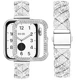 [wutwuk] Apple Watch ブレスレット 41mm アップルウォッチ 9/8/7 41mm ブレスレット グリッター保護ケース付き 女性用キラキララインストーンジュエリー付きスリムメタルブレスレット シルバー