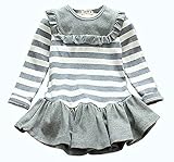 （ AngelKids ） 裾フリル ボーダー ミニ ワンピース 長袖 スウェット カットソー キッズ ジュニア サイズ お出かけ (100㎝, グレー)