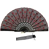 Newstarfactory Peacock Feather Red Sequins Design Black Plastic Folding Hand Fan