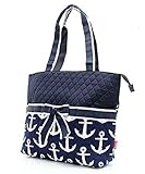 Quilted Navy And White Nautical Anchor Theme Print Monogrammable 3 Piece Diaper Bag With Changing Pa
