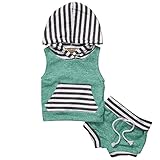 ベビー服 男の子　女の子 绿色 ストライプ フード付き 袖なし の 上着 +とりつけやすい 短 いパンツ 上下 2点セット (1-2Years)
