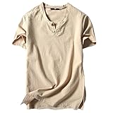 メンズ Tシャツ BOBOGOJP 男性 シンプル風 上着 半袖 春夏秋服 カットソー 丸首シャツ Vネック 綿とリネン製 無地 トップス 大きいサイズ ブラウス ティー カジュアル シャツ (L, 