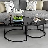 モダンなラウンドコーヒーテーブルネスティングスタッキングテーブルリビングルームテーブルブラックメタルアイアンフレーム、60cmx40cm / 80cmx45cm（2個セット、強化ガラス）