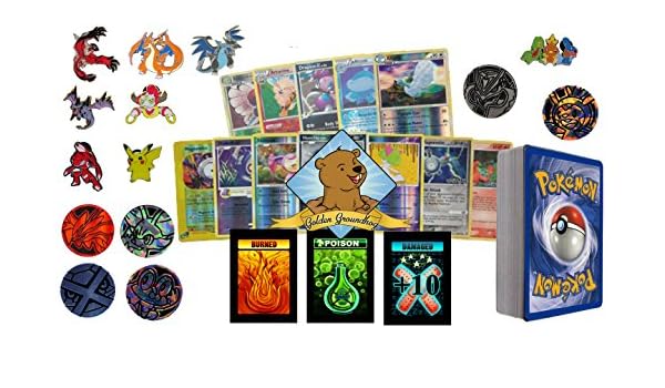 50 Assorted Pokemon Card Pack Lot Random Pokemon Pin Rares Coin Comes In Custom Golden Groundhog Storage Box No Duplication With Foils