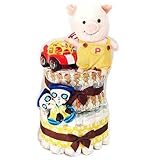 16074 おむつケーキ２段　男の子　こぶたのプートンぬいぐるみと知育おもちゃ　オムツケーキ　出産祝い