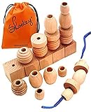 [Skoolzy]Skoolzy 25 Natural Wood Blocks Lacing Beads by Montessori Materials Preschool Toys Waldorf 