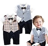 チェックベストベビー半袖ロンパースかわいいネクタイ・スーツ (12-18M, 灰色)
