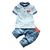 【SEBLES】ベビー 赤ちゃん 男の子 半袖 バンドカラー ポロシャツ 柄 デニム風 パンツ ズボン ボトムス コットン 綿 コットン ツーピース セット 夏 春(タイプB,120cm)