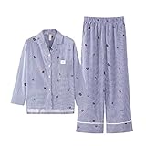 ALUP- 秋と冬 - パジャマホームサービス綿ストライプカーディガンスーツ ( 色 : 青 , サイズ さいず : S s )