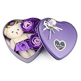 Yobansa 造花 石鹸の花 枯れない お花 薔薇 かわいいクマ 石鹸 バラハート型ギフトボックス 父の日 誕生日 結婚 記念日 卒業 入学 出産 お祝い，3本 (パープル)