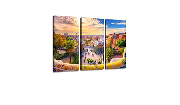 Amazon Co Jp バルセロナのグエル公園からの都市の眺め スペイン アントニ ガウディ カタルーニャ州 カラフル スペイン スペイン バルセロナ デザイン パークベンチ ベンチ モザイクポスター パネル 現代壁の絵 壁掛け 部屋飾り 背景絵画 壁アート 完成品 3枚セット