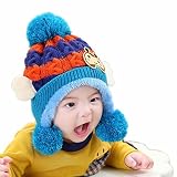 子ども ニット帽子 裏起毛 2点セット 耳付き 耳カバー 柔らかい帽 ベビーニット帽 可愛い 防寒 秋冬 0～2歳 (ブルー)