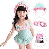 [FERE8890] 女の子 ベビー 連体水着 4点セット スイムキャップ ゴーグル 収納バッグ ドット柄 水玉模様 可愛い ショーツ 肩紐 波模様 蝶結び エレガント お洒落 グリーン B XXXL