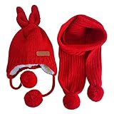 GZHOUSE キッズ　帽子　マフラーセット　ニット帽 キッズ 赤ちゃん　耳保護付き 綿　無地　暖かい　ユニセックス 　ロープとポンポンが付き (レッドセット)