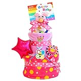 おむつケーキ Sassy ( サッシー) ポップスター 3段 おむつケーキ タオル付 おもちゃ付 男の子 女の子 【おむつ種類：パンパース】 (おむつサイズ：M, ブタさんピンク)