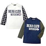 (オフホワイト/95cm)ベビー服 男の子 Tシャツ 長袖 LITTLE BEAR CLUB ポンチ素材 チェック ストライプ 袖切替 ワッペン スナップボタン付 男児 ベビ