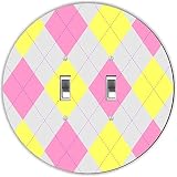 Rikki Knight RND-LSPDBL-156 Argyle Round Design Double Toggle Light Switch Plate, Pink/Yellow/Grey [