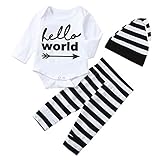 Fheaven (TM) 3ピース アウトフィット 幼児 ベビー 長袖 ハローワールド プリント ロンパース クロス+ストライプパンツ+帽子セット 6-12 Months ホワイト