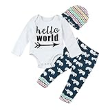 杜屋トヤ　新生児服　Hello World　上下セット　長袖ロンパース＋パンツ＋帽子　セット　Ｔシャツ　ルームウェア　ゾウ　かわいい　洋式　秋　冬　カジュアル　遊び　お出かけ　プレゼント　女の子　男の