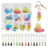 BOHALUU(ボハル) シリコンモールド レジン型 猫 猫型 UVレジン キーホルダー 装飾品 DIY かわいい 手芸品 抜き型 手作り 金具付き フリンジ付き 49点（猫レジン型1点＋金具＆フリンジ48点） (猫＋金具)