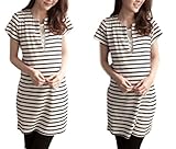 Miwoluna マタニティ ワンピース チュニック 授乳口 ボーダー ウエスト調整可能 (L, ホワイト x ブラック)