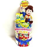 17012 おむつケーキ３段　男女共用　トイストーリー　ウッディぬいぐるみとエイリアンのお食事エプロン キャラクターオムツケーキ 出産祝い