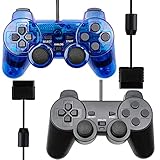 Poulep 有線コントローラー PS2コンソール対応 ダブルバイブレーション 1.65M ケーブルリモートゲームパッド (ブラックと透明ブルー)
