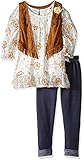 Nannette Little Girls' 3 Piece Legging Set with Printed Lace Top and Suede Vest Off/White 6X [並行輸入品]