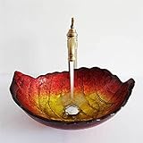 Homelava 彩色上絵洗面ボール 強化ガラス製手洗い器 葉型 (蛇口なし) 径43.5cm 排水金具付き (レッド)
