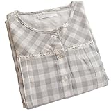 Godlovefull ネグリジェ 前開き　長袖　チェック柄　春　夏　秋　ロング丈　綿　ルームワンピース　ルームウェア　2重ガーゼ　部屋着　入院 産後 授乳口付き マタニティ　パジャマ (S, グレー