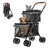LPOTIUS ペットカート 多頭 上下2段式 ペットバギー ワンタッチ 折りたたみ 犬用ベビーカー コンパクト 収納便利 4輪 前輪360°回転 後輪ブレーキ付き 軽量 犬用カート 小型犬 中型犬 犬猫兼用 耐荷重20KG 上段8KG 下段12KG 多頭飼い対応 お出かけ 散歩 通院 介護用 ドッグカート 組み立て簡単（ブラック）