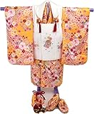 七五三 着物　三歳　着物セット 3歳用刺繍被布７点セット オレンジ地 雪輪に桜【被布/純白に手鞠と桜の刺繍】