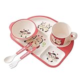 Kuria　竹繊維　ベビー専用食器セット　赤ちゃん 幼児適用　キッズ茶碗　キッズフォーク　キッズスプーン　キッズプレート　赤ちゃんへのプレゼント (赤)