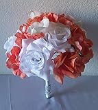コーラルホワイトリアルタッチカラーリリー柄ブライダルウェディングブーケ&ブートニア 12" Bouquet