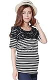 Sweet Mommy マタニティトップス 授乳服 授乳口付き Tシャツ ストレッチレース×ボーダー やわらかコットン 大きいサイズ カジュアル 春 夏 半袖 産前産後 L ブラック
