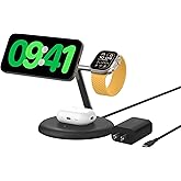 【Amazon.co.jp限定】 Belkin 3-in-1 ワイヤレス充電スタンド Qi2認証/MagSafe対応 iPhone 16～12/スマホ(15W高速充電) ワイヤレスイヤホン(5W充電) Apple Watch 9～7/Ultra/Ul