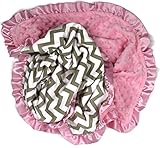 Onyx Arrow Baby Blanket, Gray White Chevron Cotton Print, Pink Minky Dot, Satin Ruffle Trim, Mix and