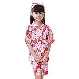 hibote 春夏 パジャマ 甚平 子供服 着物 お祭り 上下セット 女性用 バスローブ 浴衣式 前開き Vネック 花柄 110cm-120cm 半袖 おしゃれ 着物 ナイトウェア レッド S