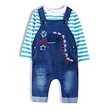 ベビー男の子Outfit、幼児用恐竜デザインジーンズロンパースセットwith Suspenders & Navy Tee カラー: ブルー