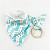 2枚セット オーガニックコットン/歯固め木製リング 赤ちゃんのトライアングル よだれかけ /シェブロン バンダナ ママ授乳ジュエリー お手てにピッタリブレスレット[食品レベル][BPAフリー]ブルー 