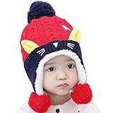 (Sandalup)ニット帽子 ベビー キッズ 赤ちゃん帽子 ボウシ キャップ かわいいねこちゃん ベビー 子ども （レッド）