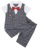 (ラボーグ) La Vogue ベビー服 フォーマルスーツ 半袖 子供 ボーイズ 上下セット ネクタイ ベスト キッズ 男の子 紳士服 七五三 結婚式 チェック柄 グレー 90