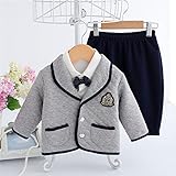 S'Mベビー服タキシード男の子フォーマル男児洋服新生児セレモニーシーツ蝶ネクタイ長袖秋３点セット結婚式入園式グレー紺白いシャツトップスボトムス出産祝い退院祝い宮参り　S'M(エスエム）グレー紺ボーダー