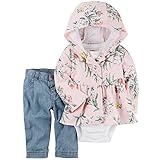 カーターズ（Carter's）女の子用ピンク花柄フード付きカーディガンジャケットx白LOVE半袖ボディスーツお出かけ用上下3点セット (12months(72-78cm)) [並行輸入品]