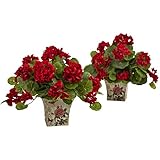 Geranium Flowering Silk Plant with Floral Planter - Set of 2