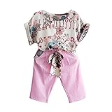 Cutelove 子供服 二点セット　Tシャツ　七分ズボン　花柄 蝶結び付き 女の子　夏 半袖　プリント　コットン　レジャー　ファッション　韓国風