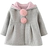 PAPA KIDS　ベビーキッズコート 綿 暖かい 赤ちゃんジャケット アウターウェア ウサギ ポンポン付き 長袖 秋冬子供服 (90cm, グレー)