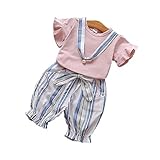 Pojour 夏 1-6歳キッズストライプセット 子供かわいいブラウス 上下セット Tシャツ+パンツ 通気 綿 ピンク(80cm)